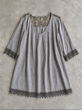 Stella Rosa 100% Linen Lace Trim Shift Tunic Dress Brown 2X Made in Italy Office